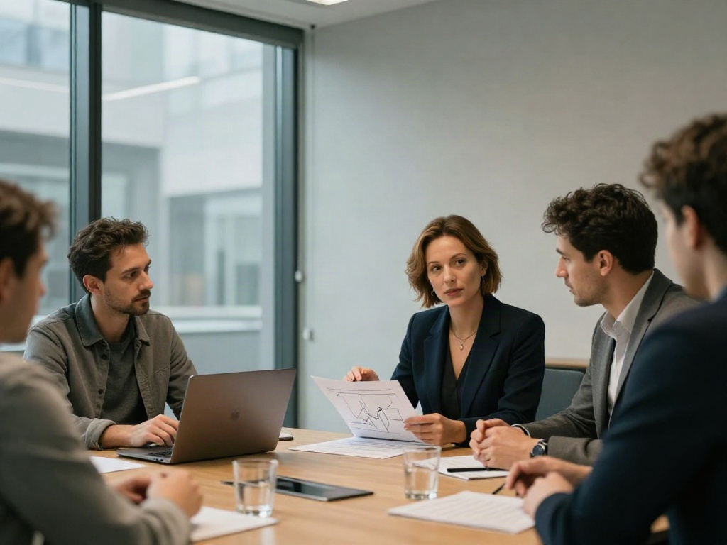 An illustrative strategy review session with professionals discussing business performance